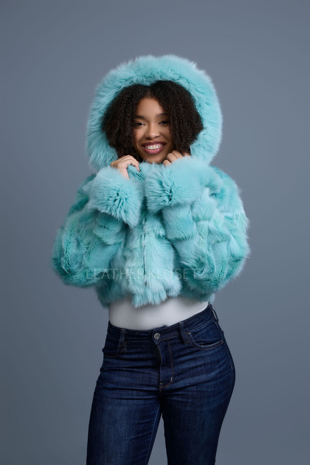 Women's Crop Fox Bomber With Hood [Light Teal]