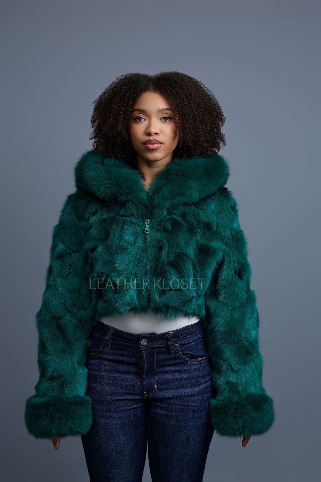 Women's Crop Fox Bomber With Hood [Money Green]