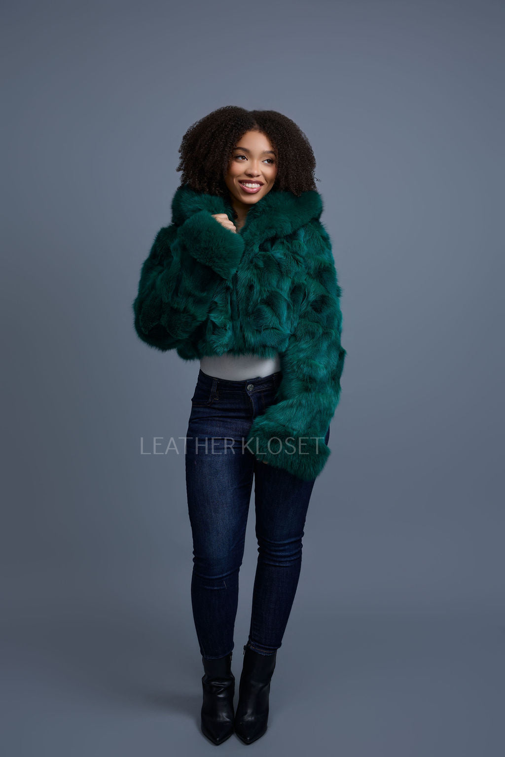 Women's Crop Fox Bomber With Hood [Money Green]