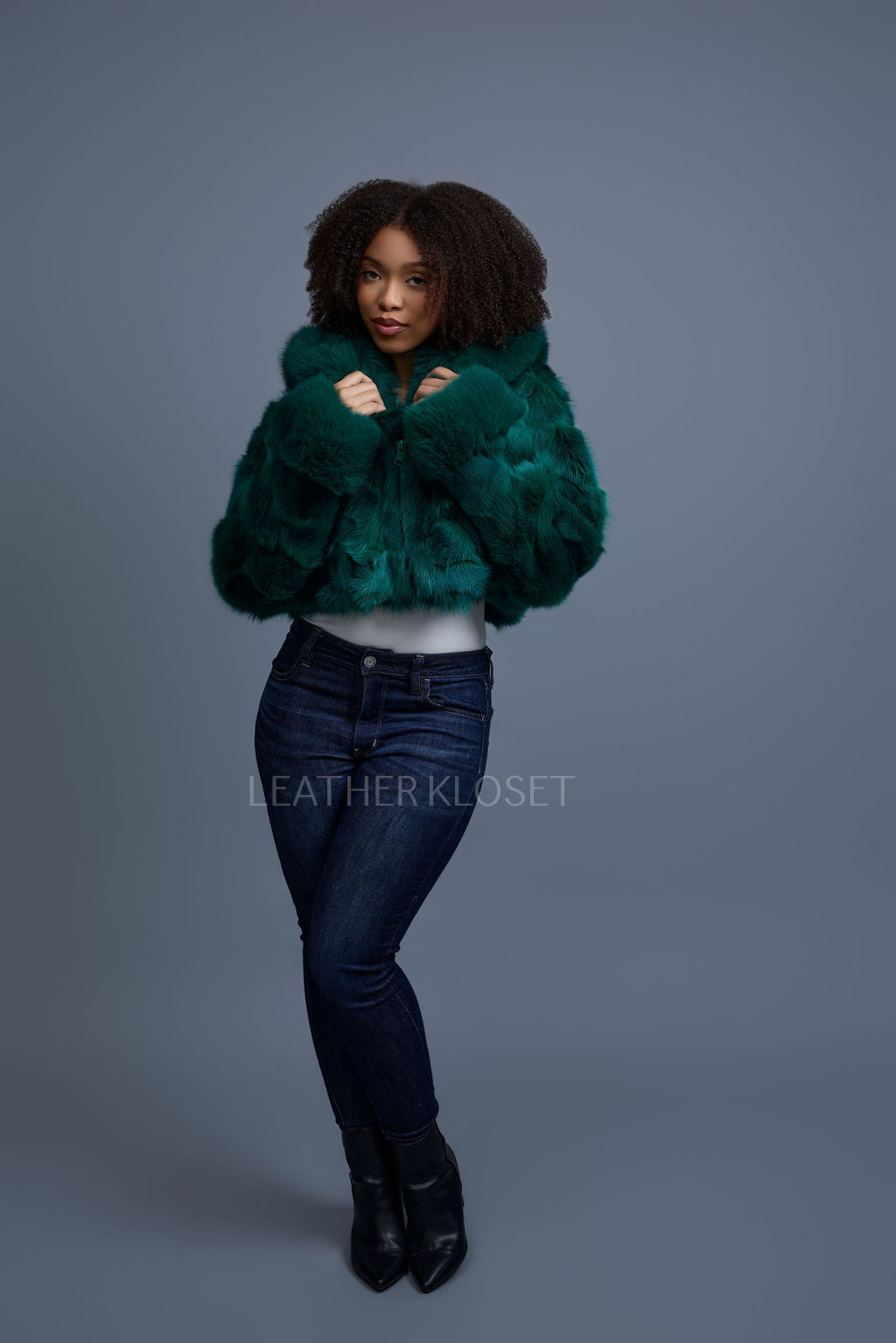 Women's Crop Fox Bomber With Hood [Money Green]