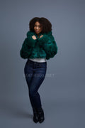 Women's Crop Fox Bomber With Hood [Money Green]