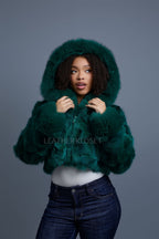 Women's Crop Fox Bomber With Hood [Money Green]