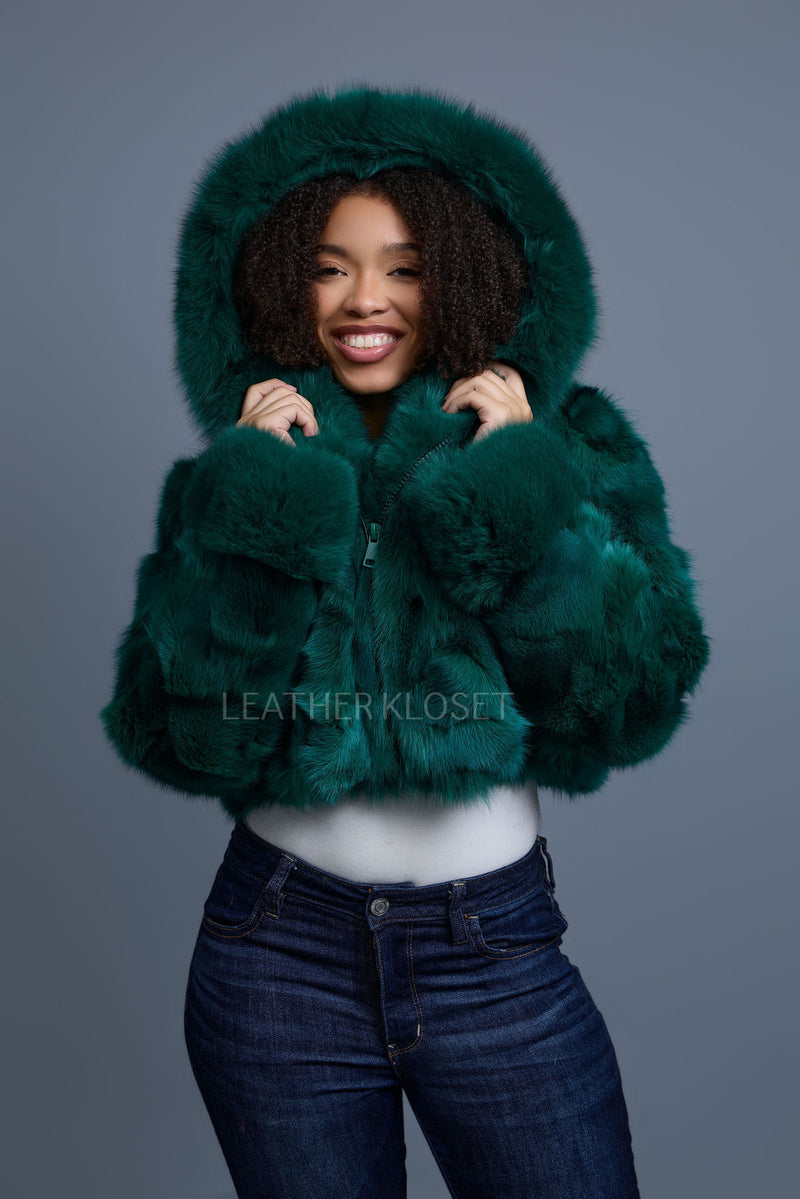 Women's Crop Fox Bomber With Hood [Money Green]