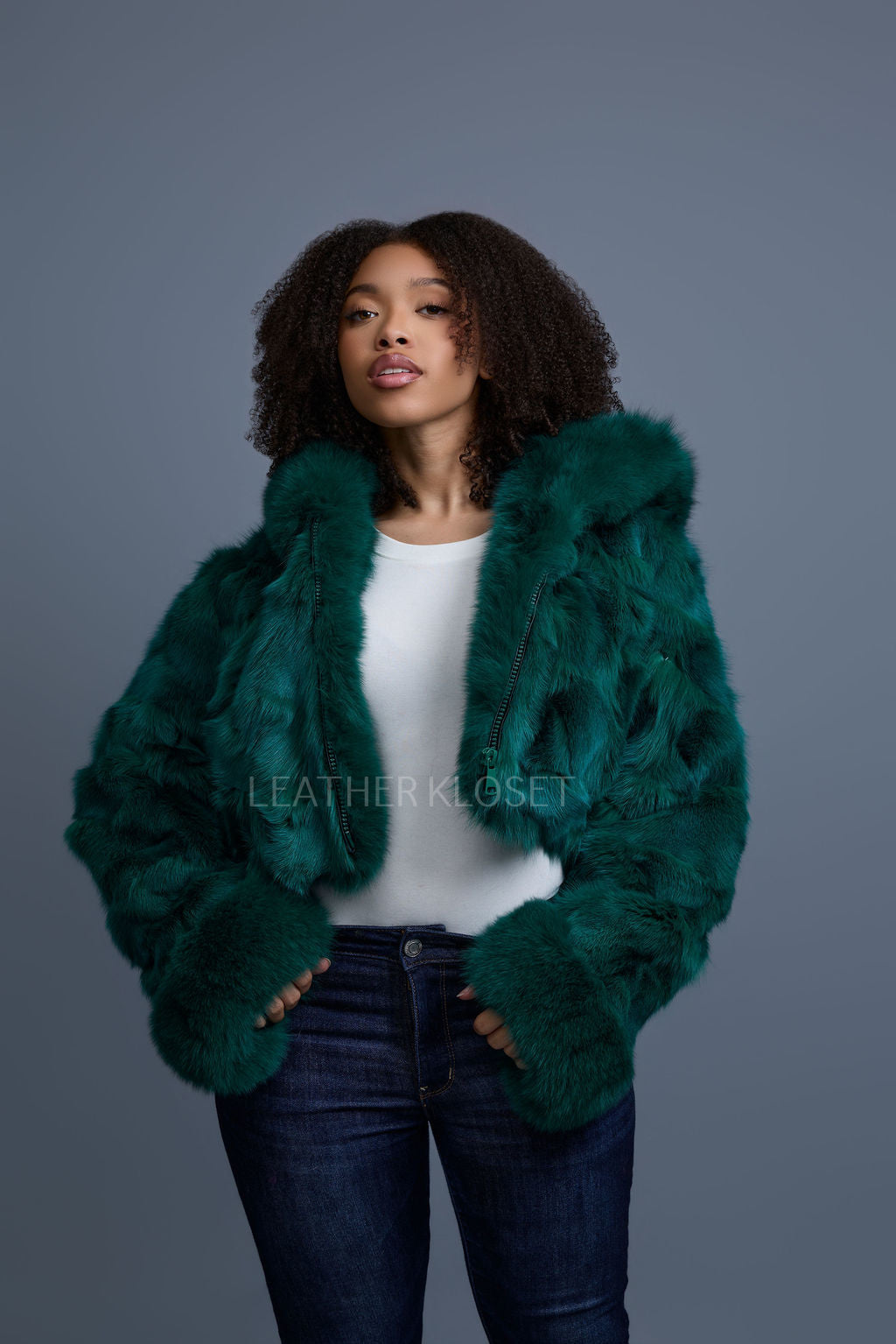 Women's Crop Fox Bomber With Hood [Money Green]