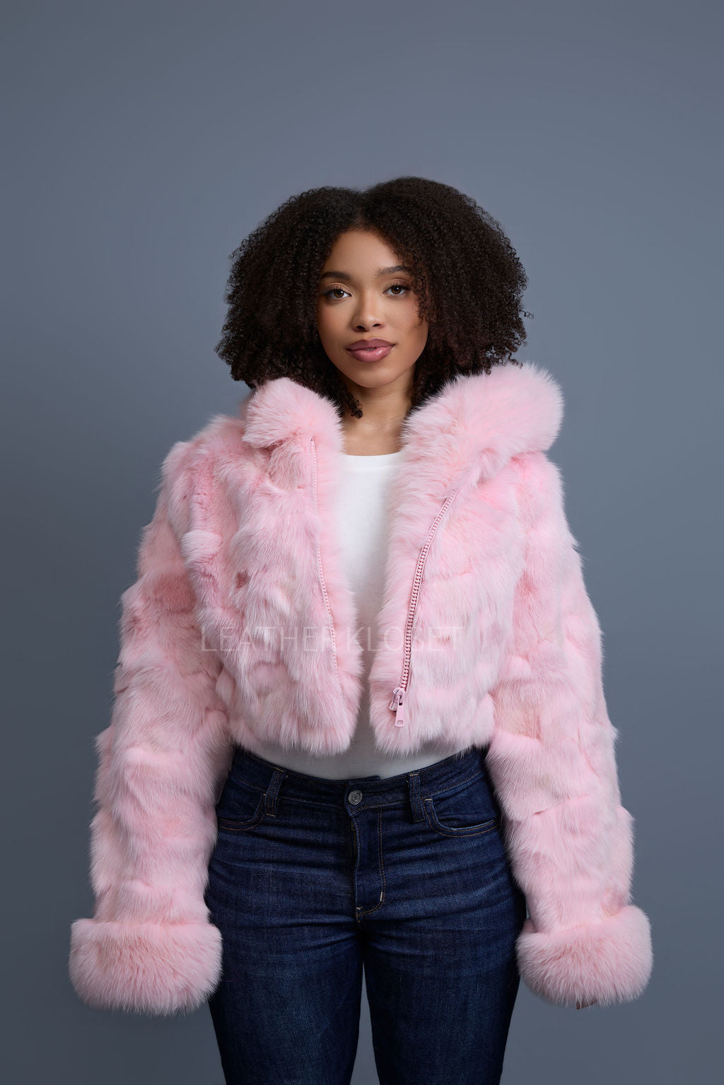 Women's Crop Fox Bomber With Hood [Baby Pink]