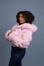 Women's Crop Fox Bomber With Hood [Baby Pink]