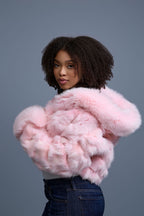 Women's Crop Fox Bomber With Hood [Baby Pink]