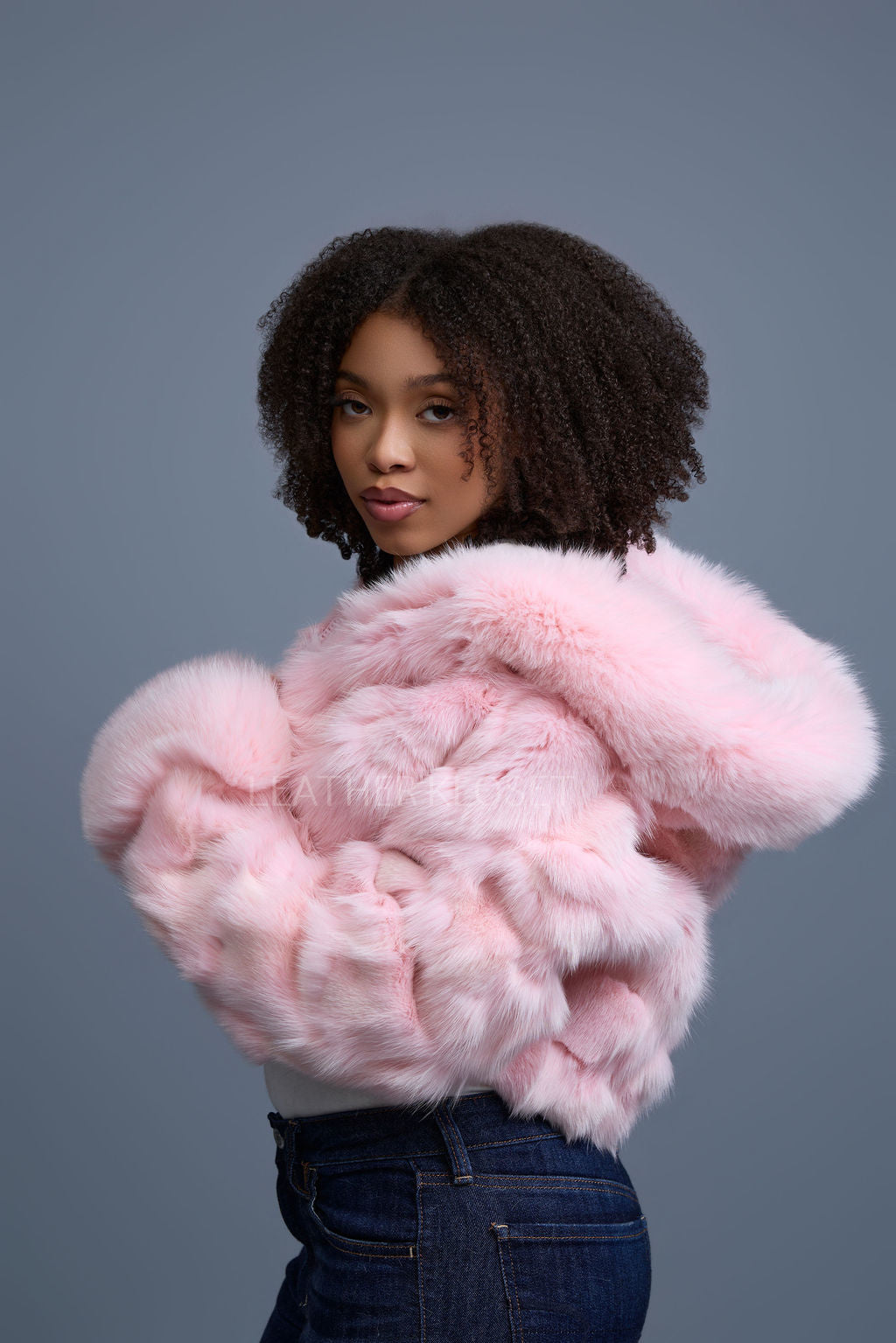 Women's Crop Fox Bomber With Hood [Baby Pink]