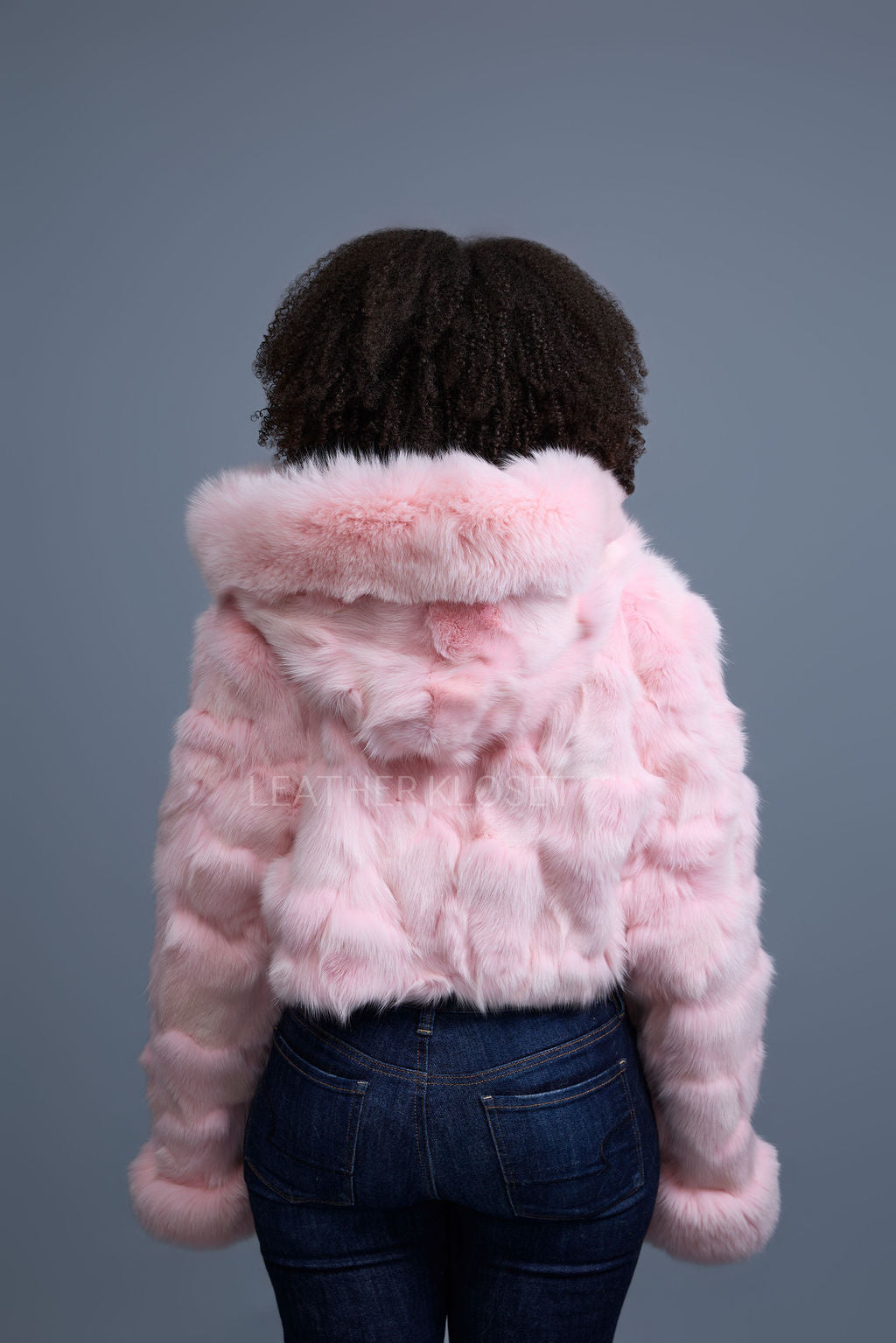 Women's Crop Fox Bomber With Hood [Baby Pink]