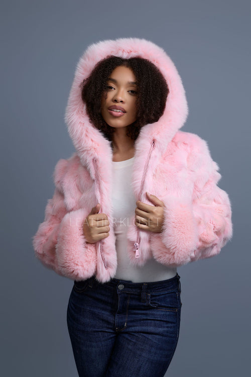 Women's Crop Fox Bomber With Hood [Baby Pink]