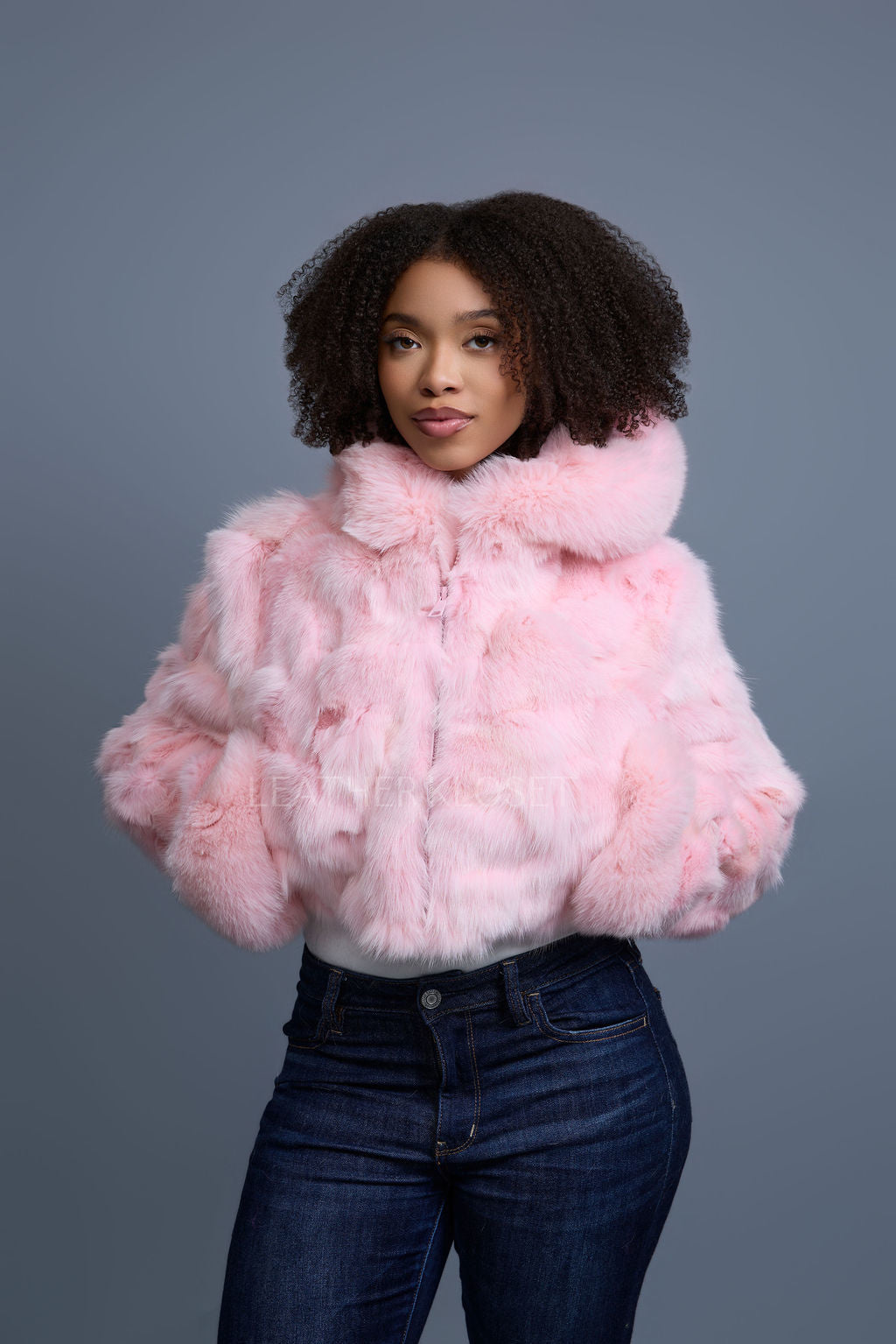 Women's Crop Fox Bomber With Hood [Baby Pink]