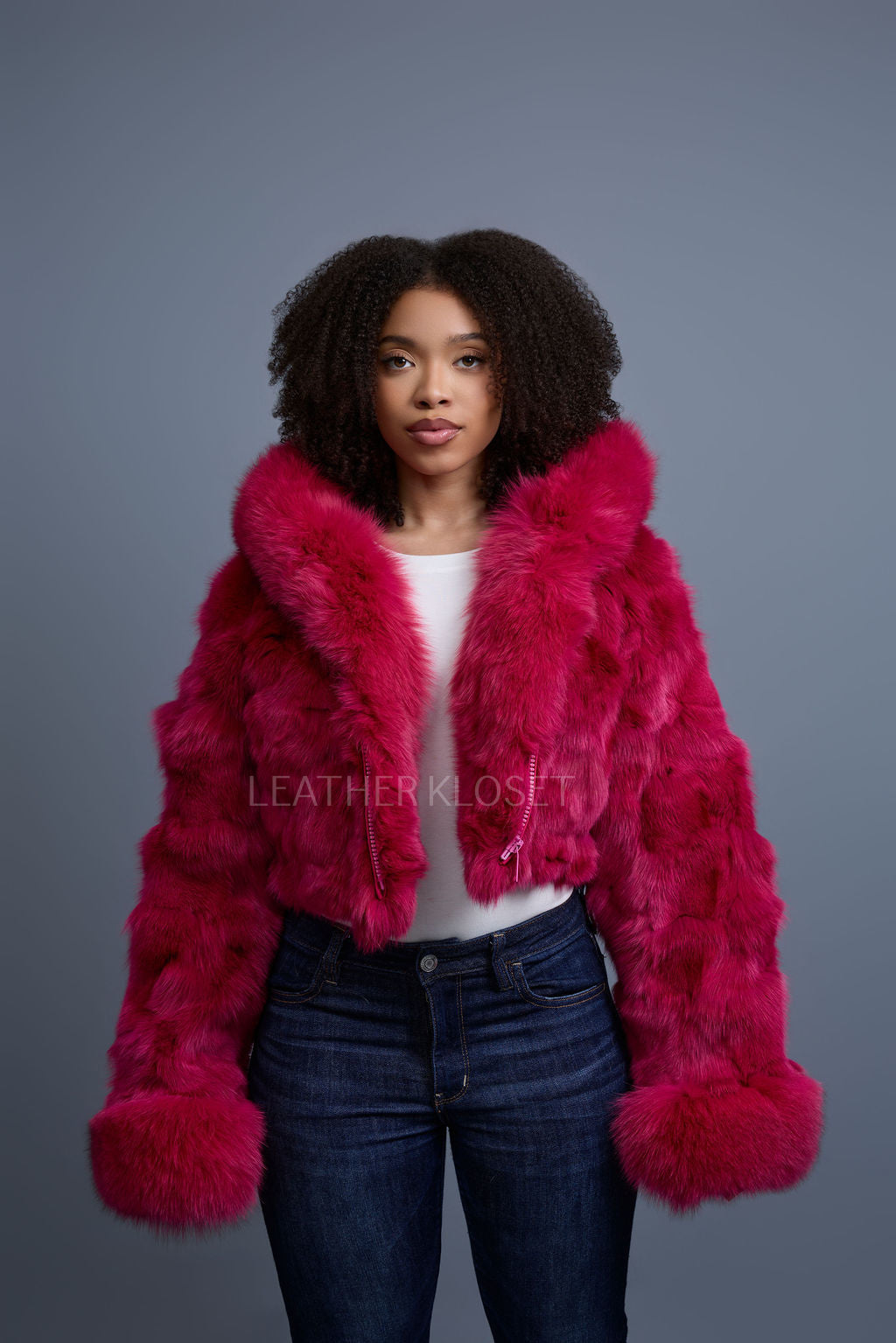 Women's Crop Fox Bomber With Hood [Magenta]
