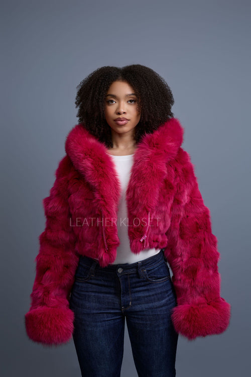 Women's Crop Fox Bomber With Hood [Magenta]