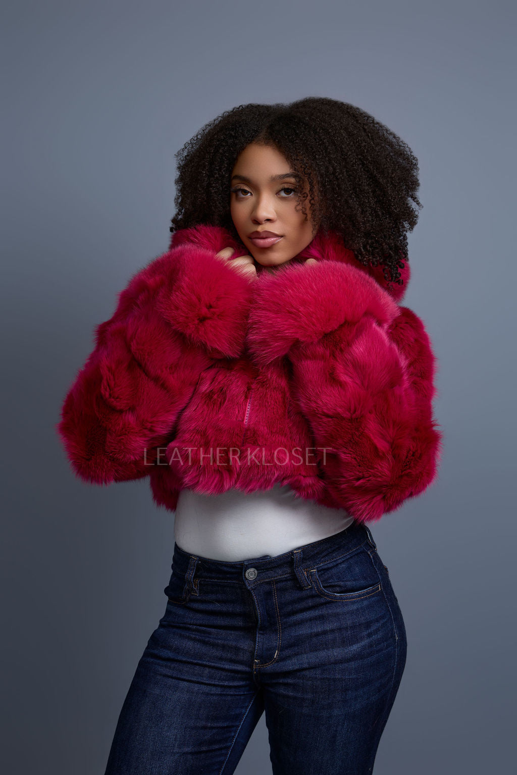 Women's Crop Fox Bomber With Hood [Magenta]