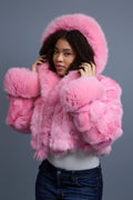 Women's Crop Fox Bomber With Hood [Pink]
