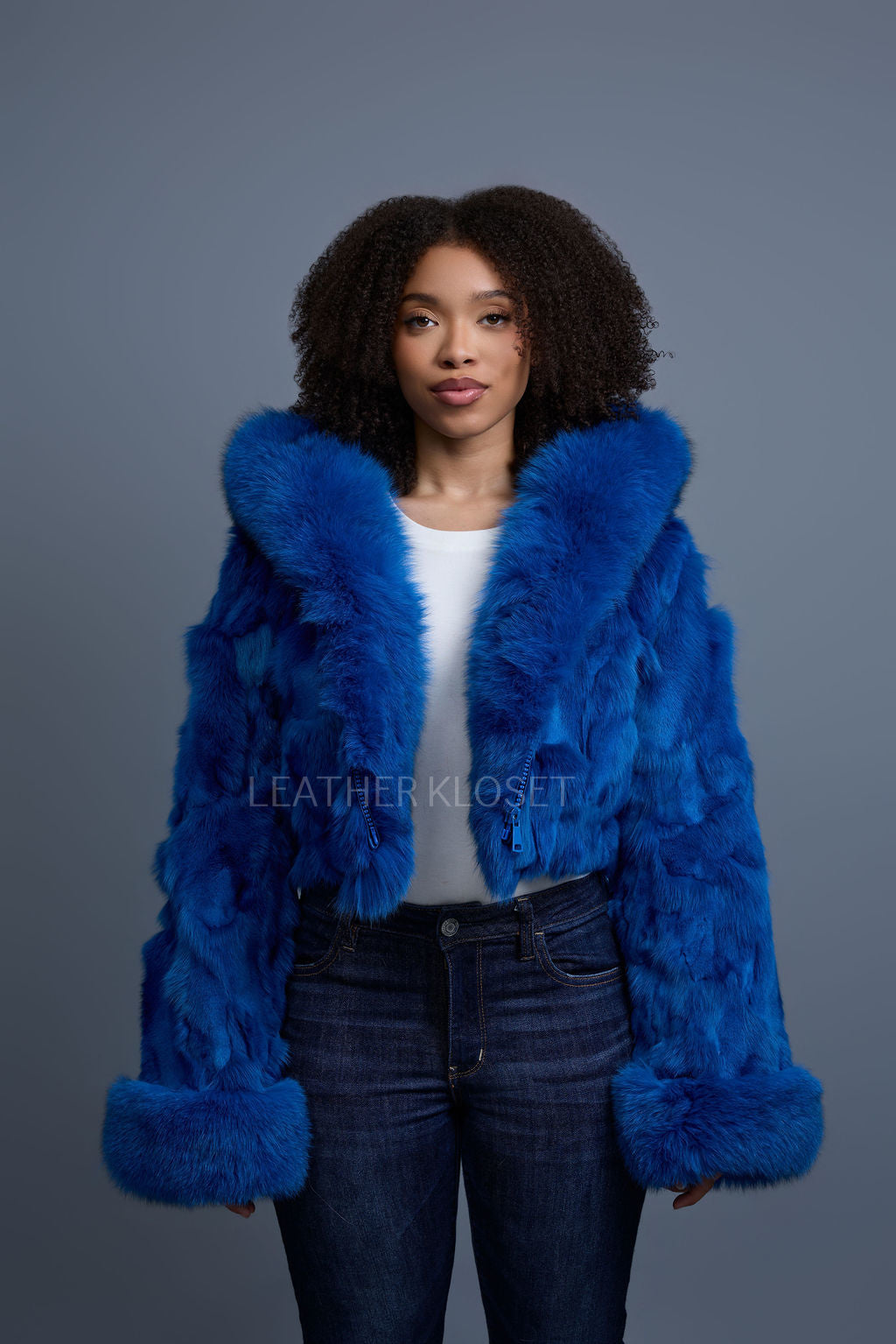 Women's Crop Fox Bomber With Hood [Sapphire Blue]