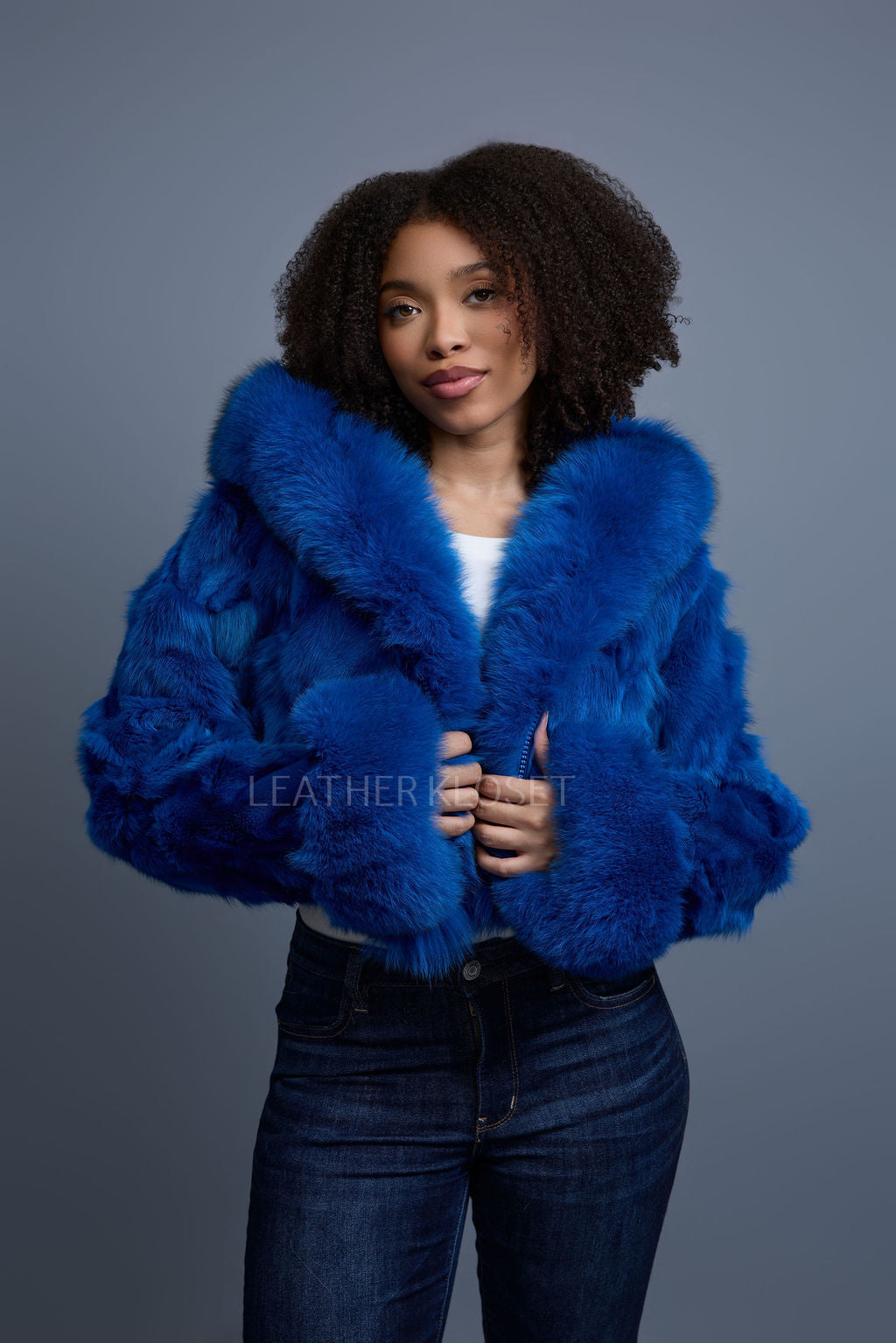 Women's Crop Fox Bomber With Hood [Sapphire Blue]