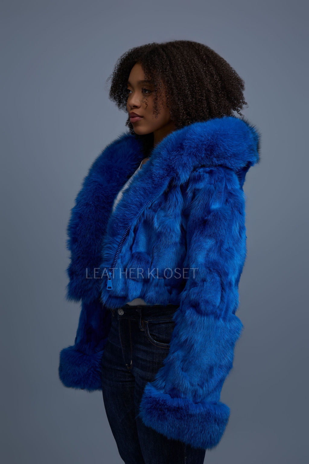 Women's Crop Fox Bomber With Hood [Sapphire Blue]