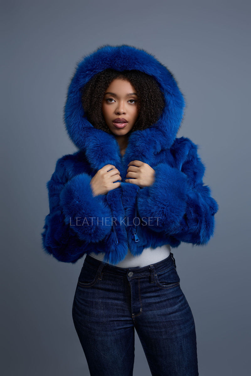 Women's Crop Fox Bomber With Hood [Royal Blue]