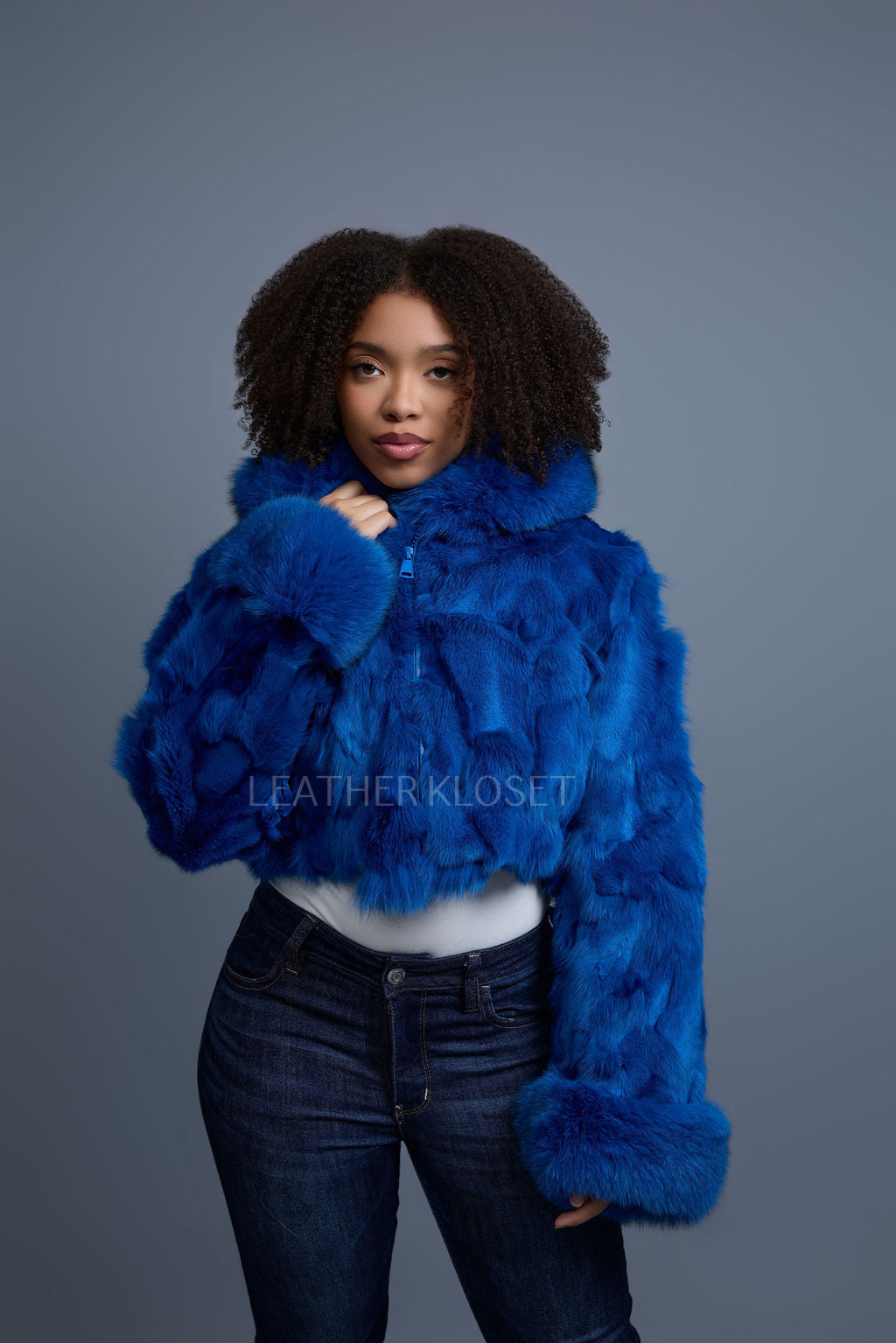Women's Crop Fox Bomber With Hood [Sapphire Blue]