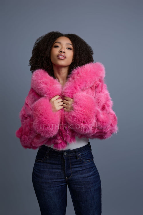 Women's Crop Fox Bomber With Hood [Hot Pink]