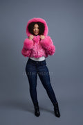 Women's Crop Fox Bomber With Hood [Hot Pink]