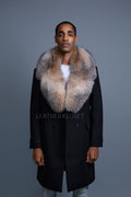 Men's Cashmere Trench Coat Black With Fox Collar [Crystal Fox]