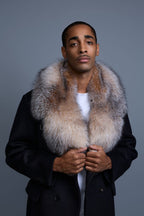 Men's Cashmere Trench Coat Black With Fox Collar [Crystal Fox]