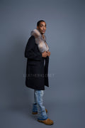 Men's Cashmere Trench Coat Black With Fox Collar [Crystal Fox]