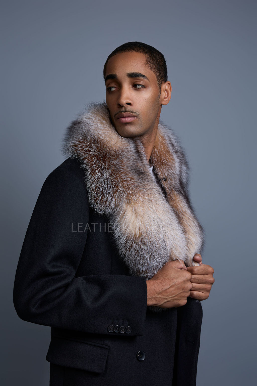 Men's Cashmere Trench Coat Black With Fox Collar [Crystal Fox]