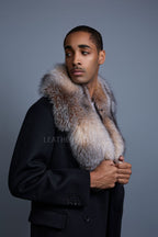 Men's Cashmere Trench Coat Black With Fox Collar [Crystal Fox]