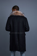 Men's Cashmere Trench Coat Black With Fox Collar [Crystal Fox]