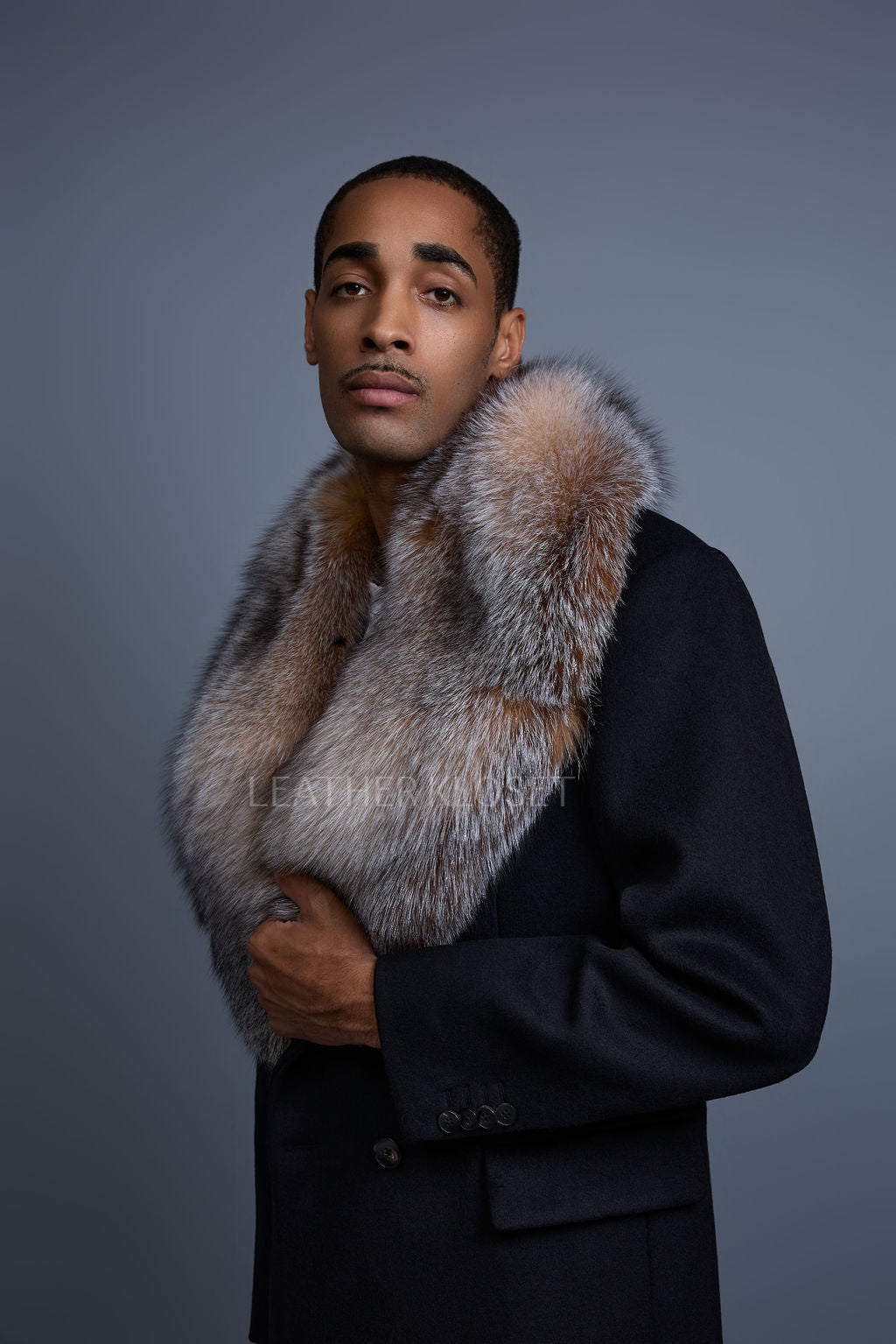 Men's Cashmere Trench Coat Black With Fox Collar [Crystal Fox]
