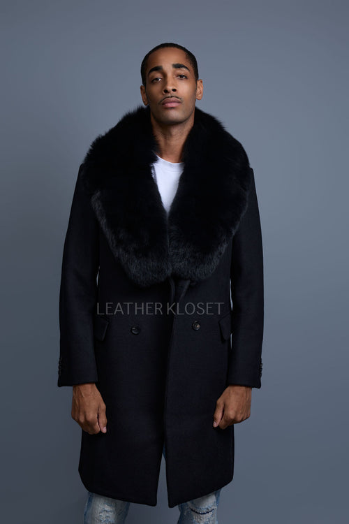 Men's Cashmere Trench Coat Black With Fox Collar [Black Fox]