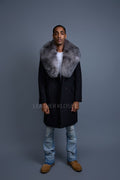 Men's Cashmere Trench Coat Black With Fox Collar [Silver Fox]
