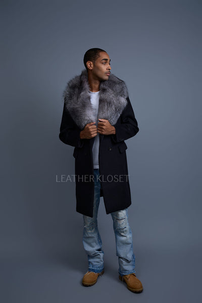 Men's Cashmere Trench Coat Black With Fox Collar [Silver Fox