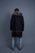 Men's Cashmere Trench Coat Black With Fox Collar [Silver Fox]