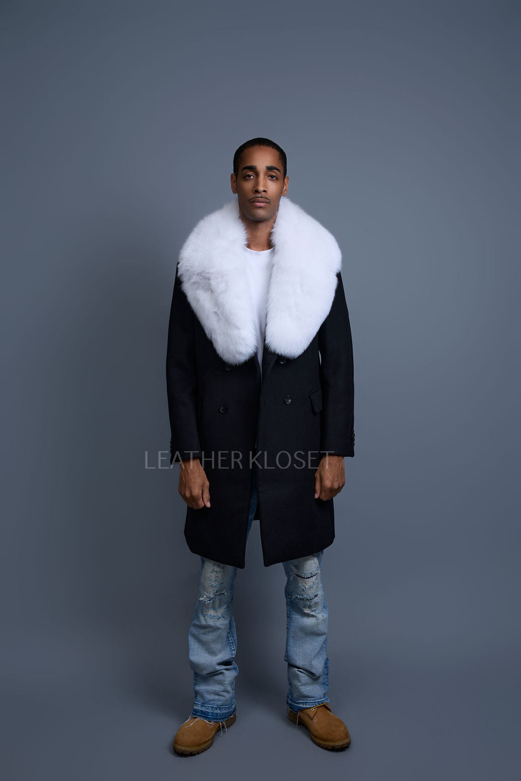 Men's Cashmere Trench Coat Black With Fox Collar [White Fox]