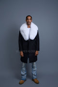 Men's Cashmere Trench Coat Black With Fox Collar [White Fox]