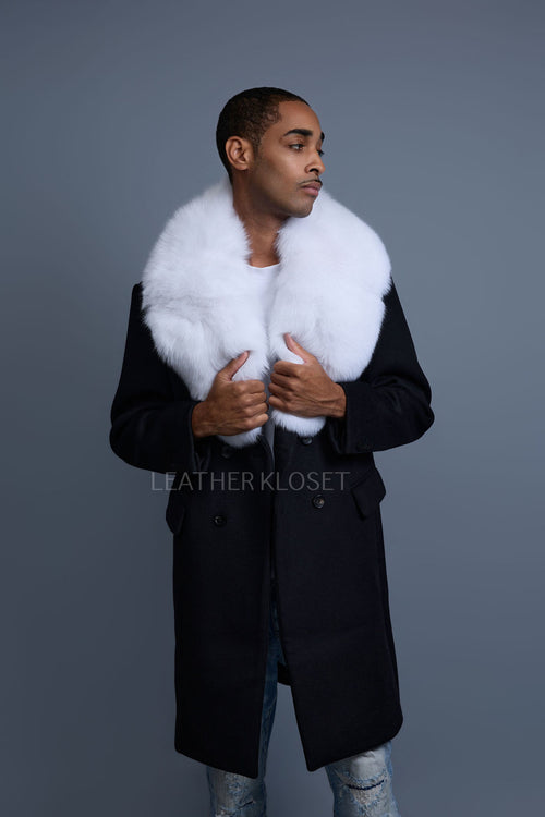 Men's Cashmere Trench Coat Black With Fox Collar [White Fox]