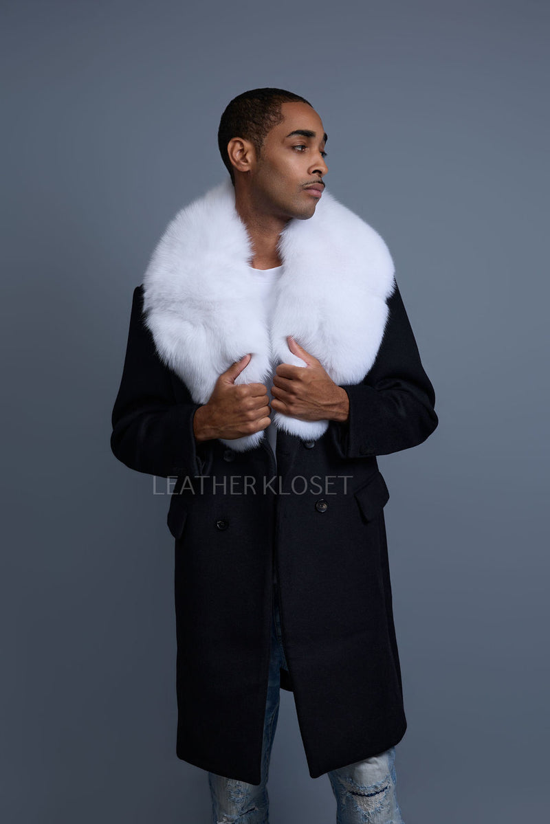 Men's Cashmere Trench Coat Black With Fox Collar [White Fox]