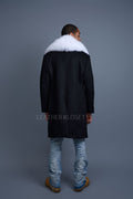 Men's Cashmere Trench Coat Black With Fox Collar [White Fox]