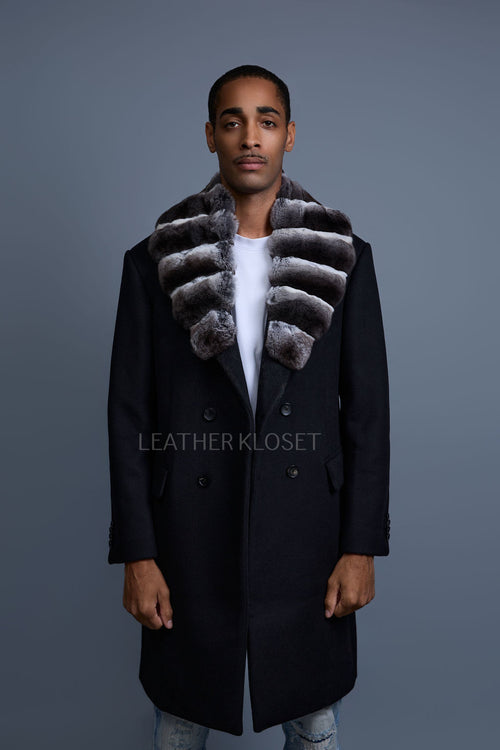 Men's Cashmere Trench Coat Black With Chinchilla Collar