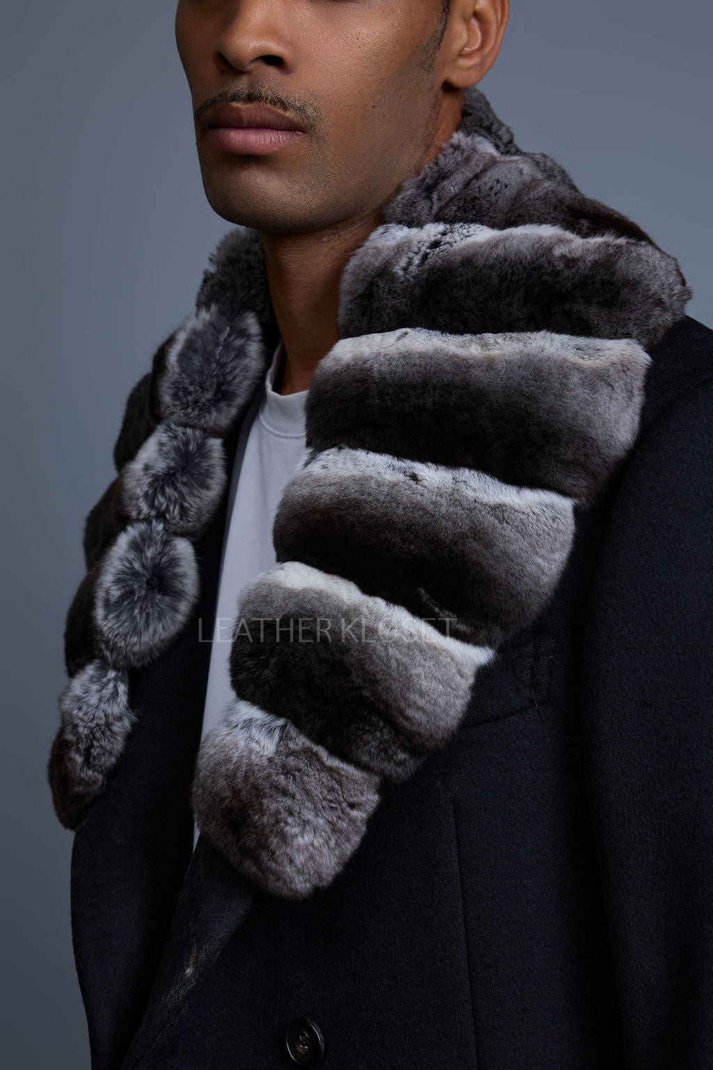 Men's Cashmere Trench Coat Black With Chinchilla Collar