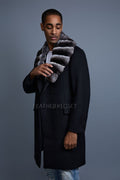 Men's Cashmere Trench Coat Black With Chinchilla Collar