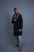 Men's Cashmere Trench Coat Black With Chinchilla Collar