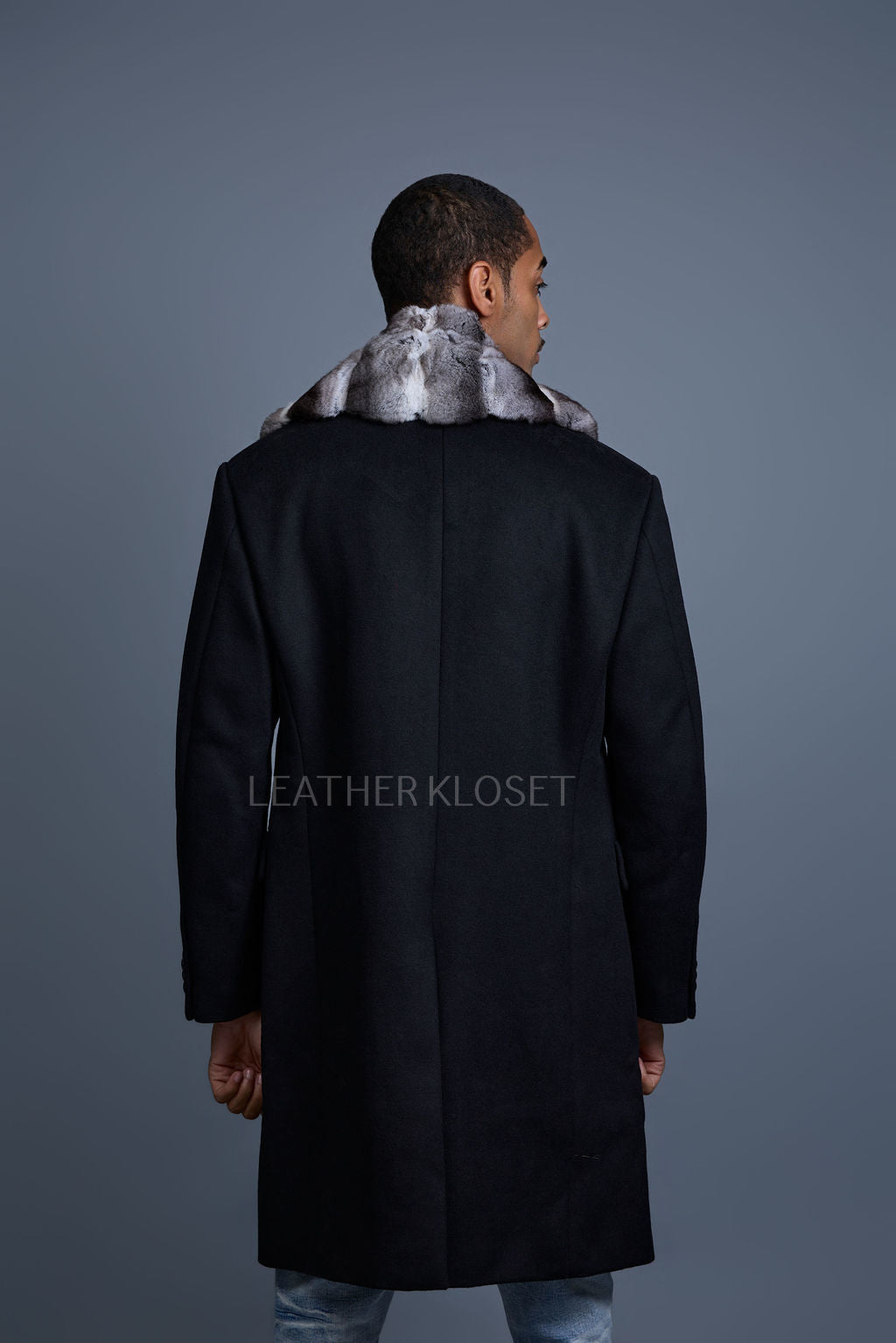 Men's Cashmere Trench Coat Black With Chinchilla Collar