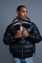 Men’s Aspen Leather Bubble Bomber Jacket Chinchilla Collar
