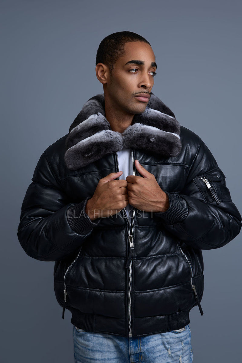 Men’s Aspen Leather Bubble Bomber Jacket Chinchilla Collar
