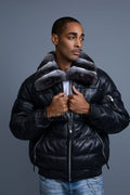 Men’s Aspen Leather Bubble Bomber Jacket Chinchilla Collar
